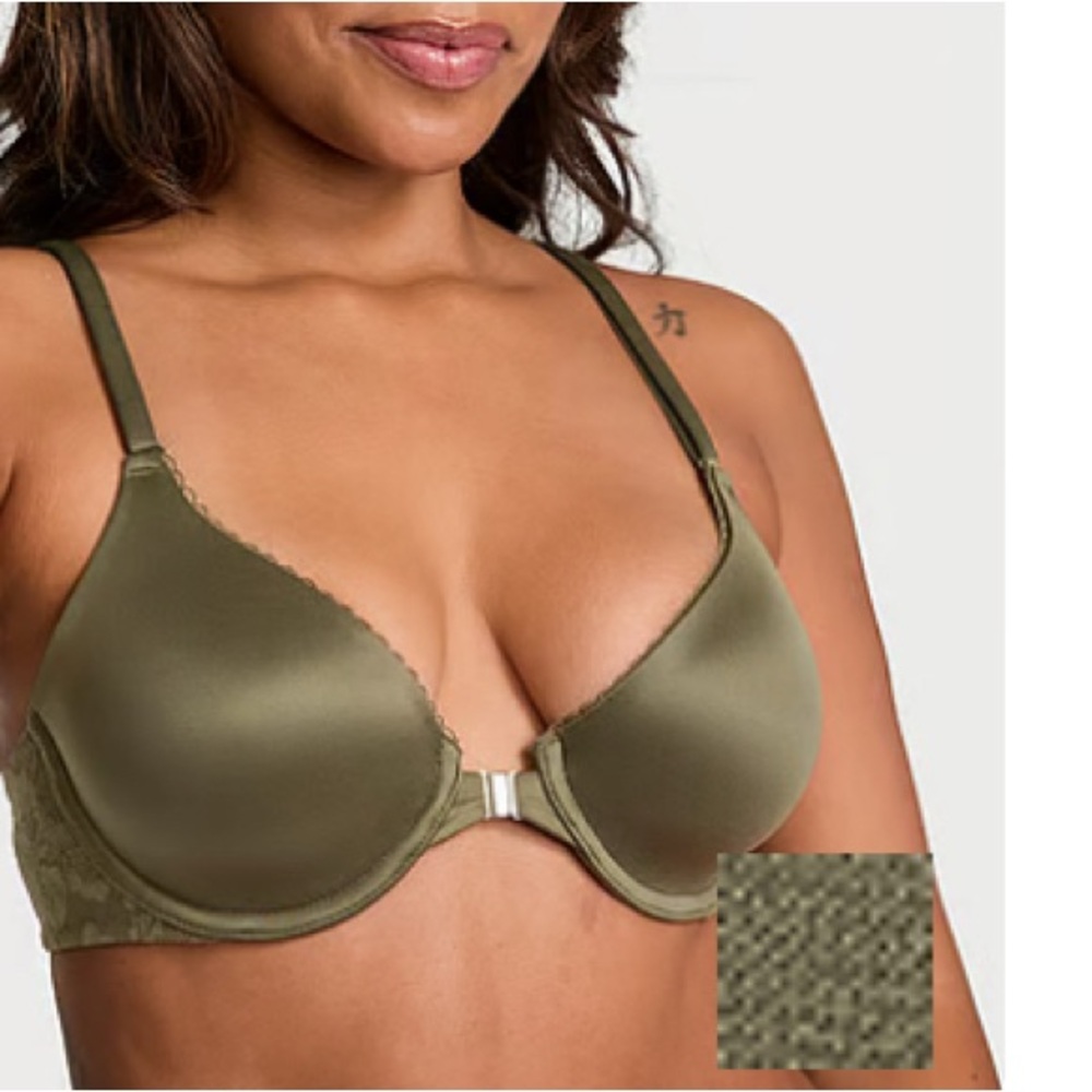 NWT 38DDD Victoria's Secret Olive Satin Bra magnetic front closure